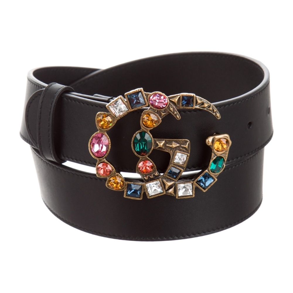 Gucci Black Belt with Colorful Gem Accents